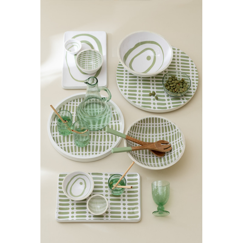 Plateau de service style japandi Rond 40 cm Bois de manguier Vert Blanc Soraï 