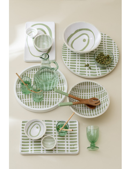 Plateau de service style japandi Rond 40 cm Bois de manguier Vert Blanc Soraï 