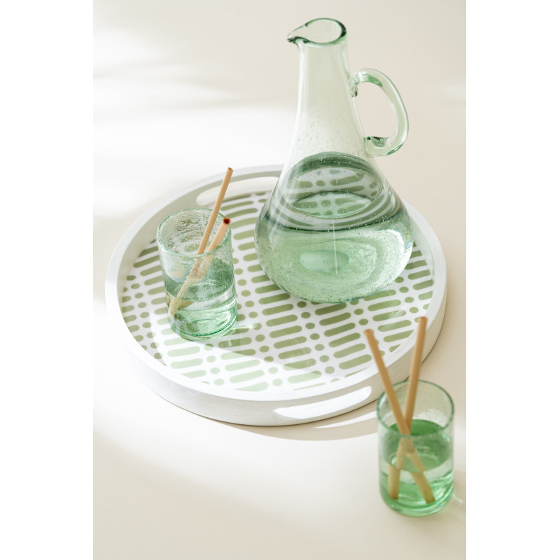 Plateau de service style japandi Rond 40 cm Bois de manguier Vert Blanc Soraï 