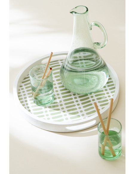 Plateau de service style japandi Rond 40 cm Bois de manguier Vert Blanc Soraï 