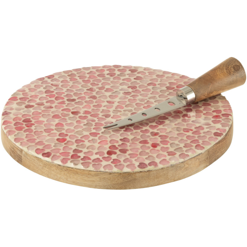 Plateau à fromages romantique chic Rond 20 cm Bois de manguier Naturel Rose Motif coeurs Amorossi 