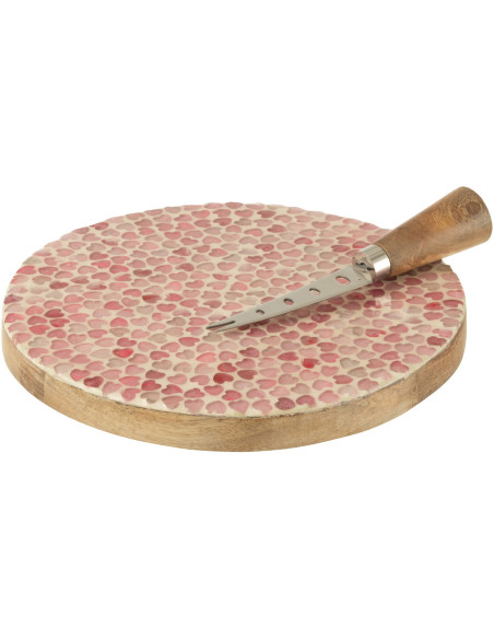 Plateau à fromages romantique chic Rond 20 cm Bois de manguier Naturel Rose Motif coeurs Amorossi 