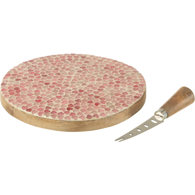 Plateau à fromages romantique chic Rond 20 cm Bois de manguier Naturel Rose Motif coeurs Amorossi 