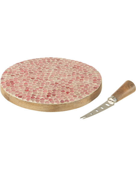 Plateau à fromages romantique chic Rond 20 cm Bois de manguier Naturel Rose Motif coeurs Amorossi 