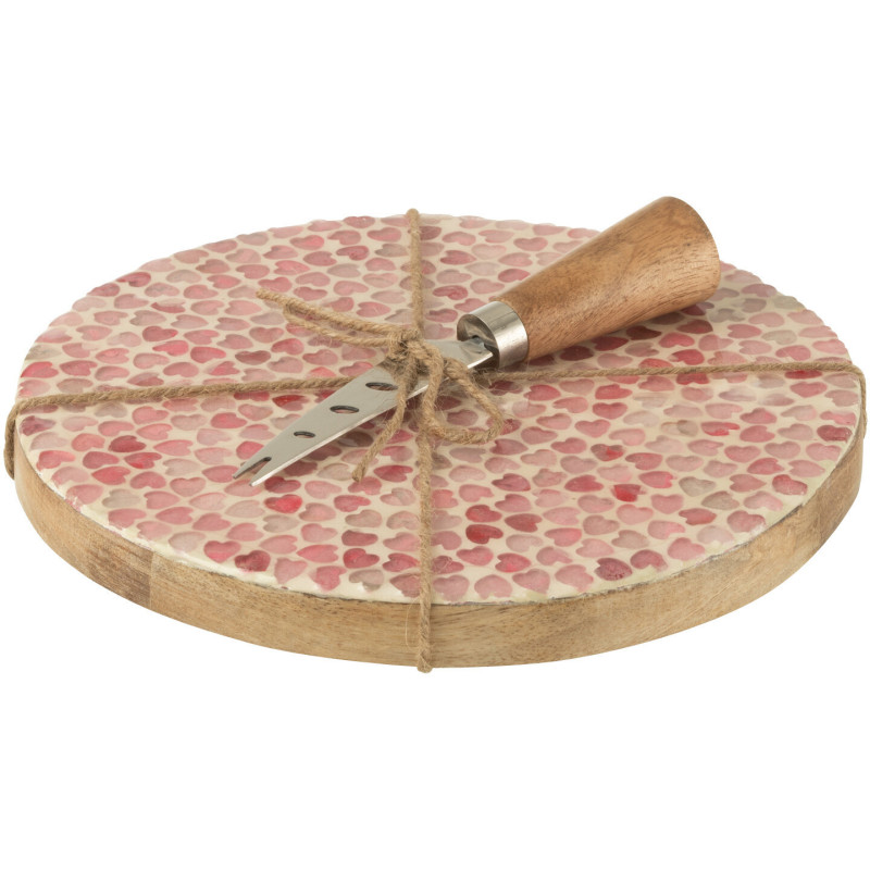 Plateau à fromages romantique chic Rond 20 cm Bois de manguier Naturel Rose Motif coeurs Amorossi 