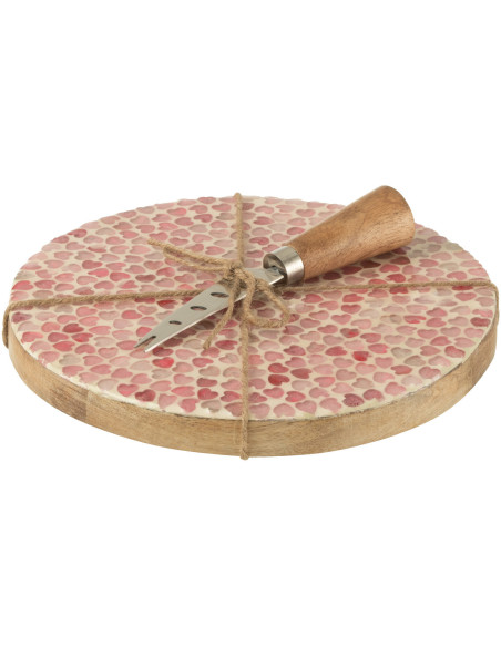 Plateau à fromages romantique chic Rond 20 cm Bois de manguier Naturel Rose Motif coeurs Amorossi 
