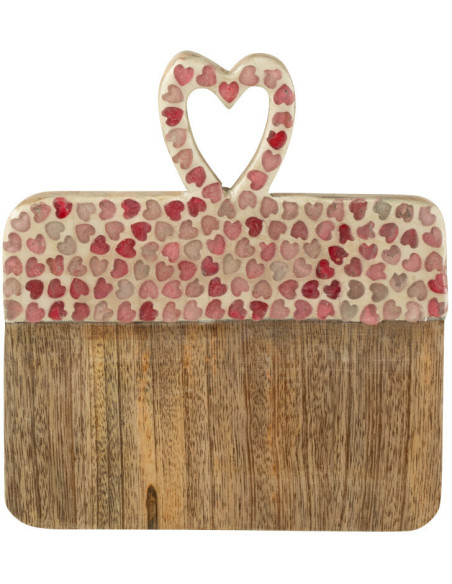 Planche apéro romantique chic Rectangulaire 20 cm Bois de manguier Naturel Rose Motif coeurs Amorossi 