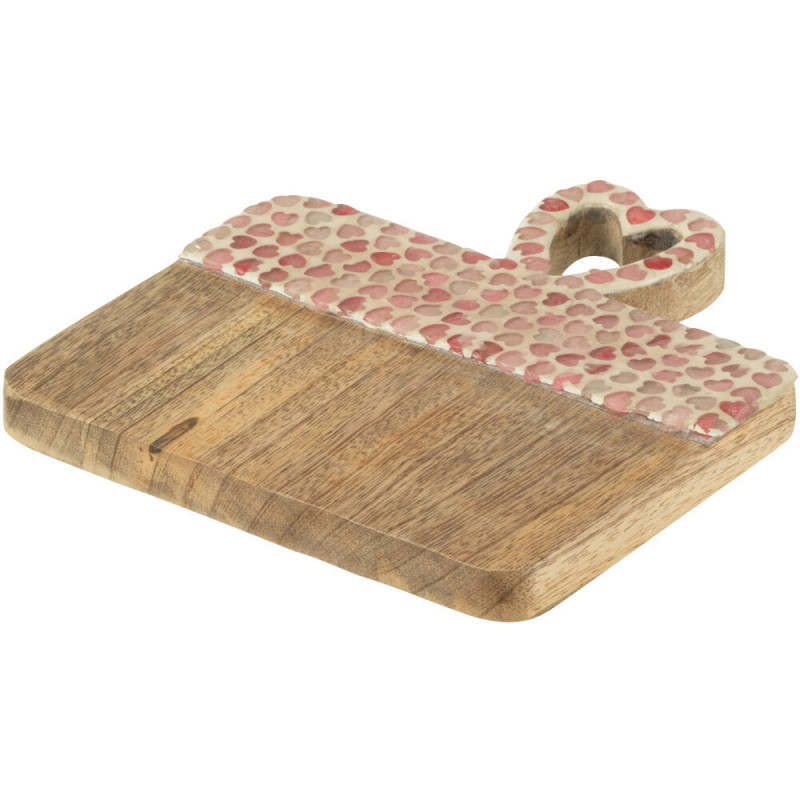 Planche apéro romantique chic Rectangulaire 20 cm Bois de manguier Naturel Rose Motif coeurs Amorossi 