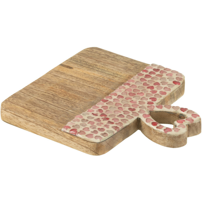 Planche apéro romantique chic Rectangulaire 20 cm Bois de manguier Naturel Rose Motif coeurs Amorossi 