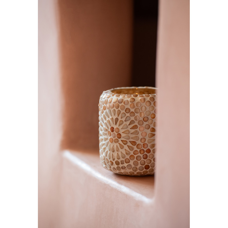 Photophore style bord de mer D 10 cm Verre Beige Blanc Mosaïque Corallia 