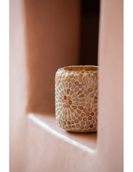 Photophore style bord de mer D 10 cm Verre Beige Blanc Mosaïque Corallia 