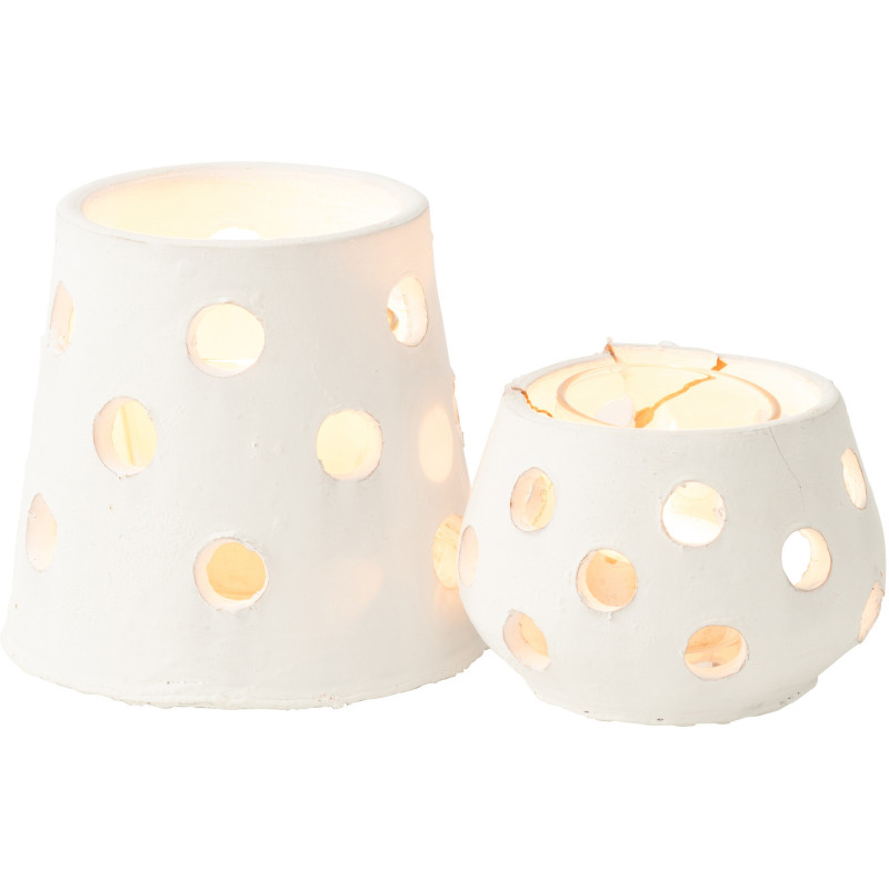 Photophore style bord de mer Conique 9 cm Argile Blanc Verre Transparent Ibiza 