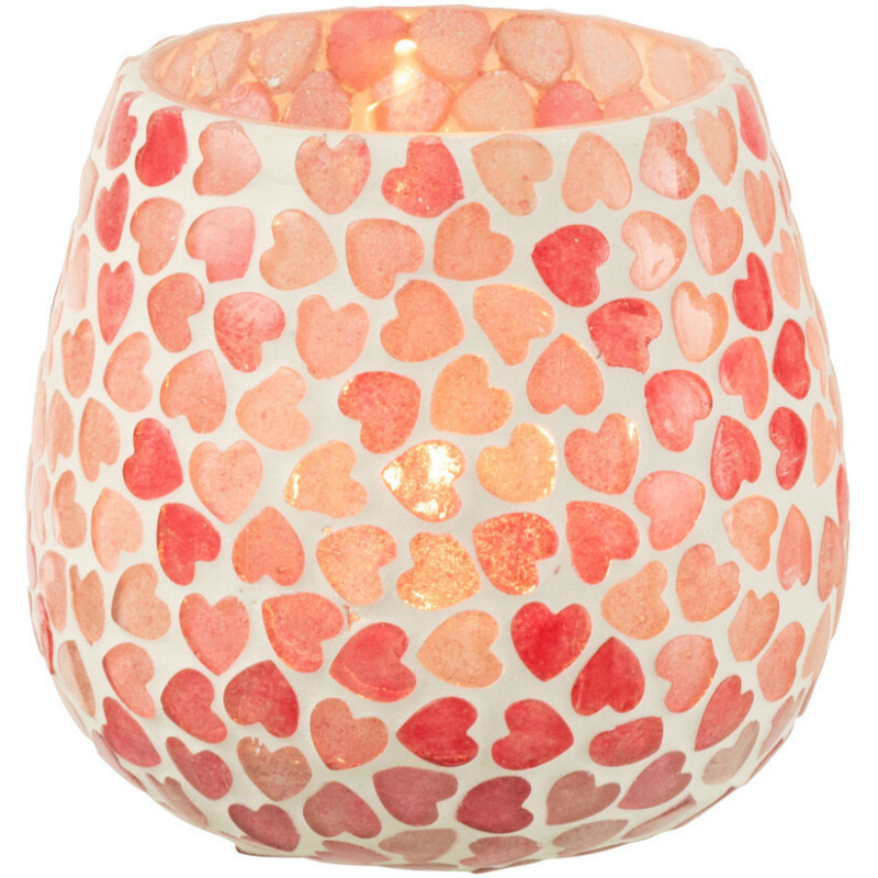 Photophore romantique chic Rond D 9 cm Verre Rose Blanc Motif coeurs Lovello 