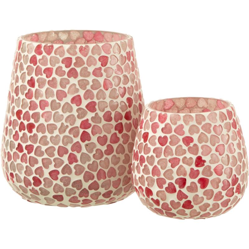 Photophore romantique chic Rond D 12 cm Verre Rose Blanc Motif coeurs Lovello 