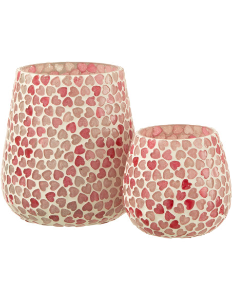 Photophore romantique chic Rond D 12 cm Verre Rose Blanc Motif coeurs Lovello 