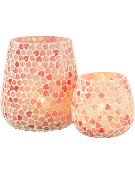 Photophore romantique chic Rond D 12 cm Verre Rose Blanc Motif coeurs Lovello 