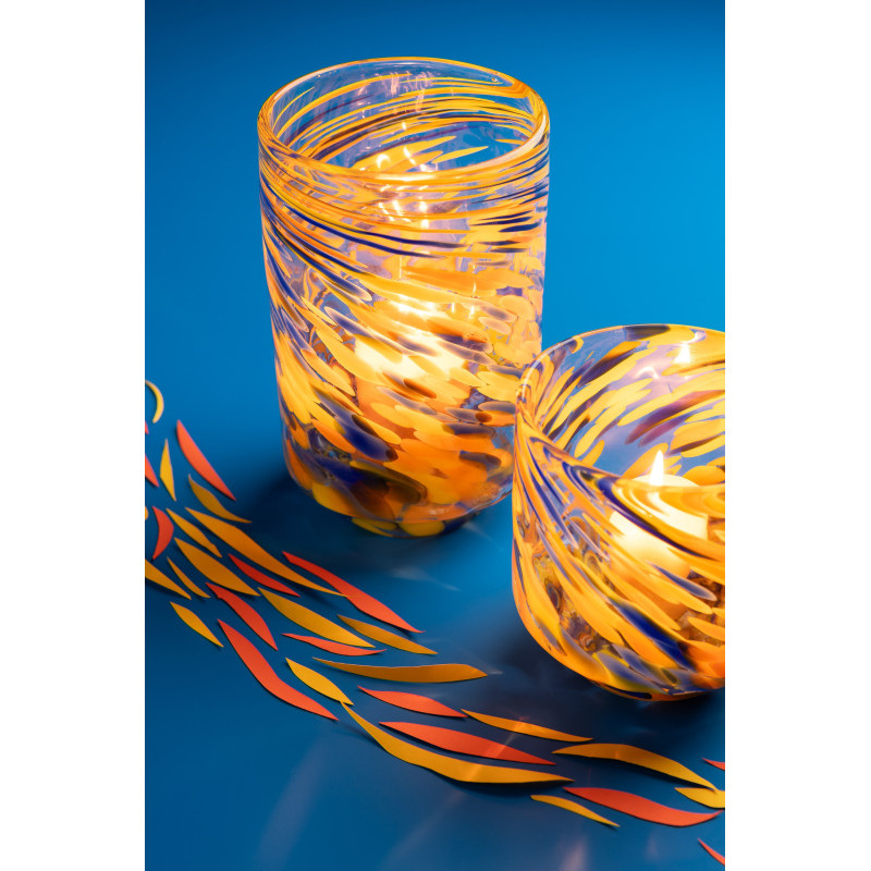 Photophore design pop D 15 cm Verre Orange Bleu Jaune Motif taches Solivrado 