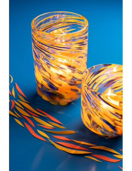 Photophore design pop D 15 cm Verre Orange Bleu Jaune Motif taches Solivrado 