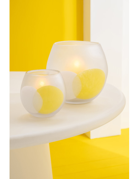 Photophore design moderne Boule D 14 cm Verre Transparent Jaune Blanc Motif ronds Heliono 
