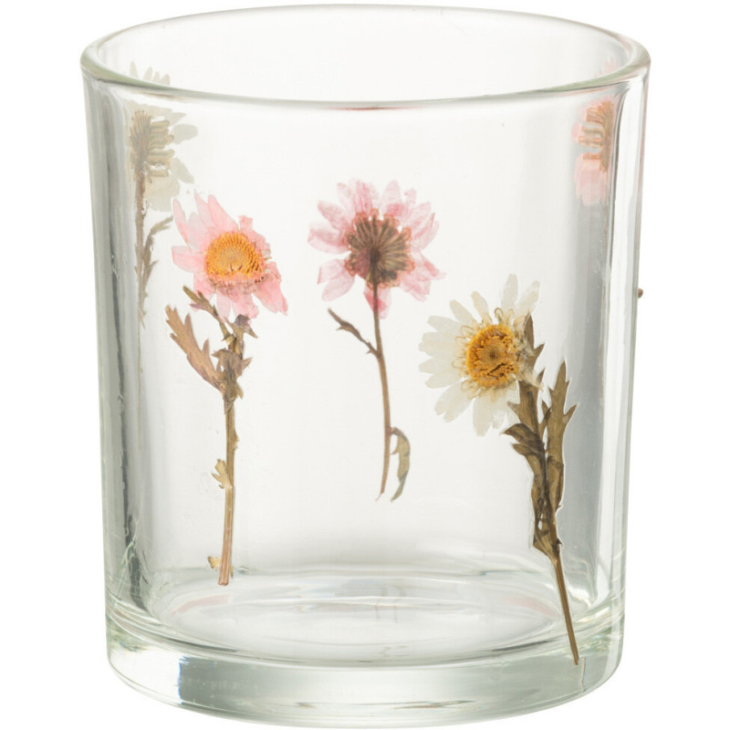 Photophore Campagne chic D 9 cm Verre Transparent Motif fleurs Peggy 