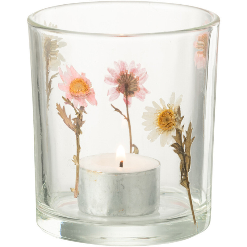 Photophore Campagne chic D 9 cm Verre Transparent Motif fleurs Peggy 