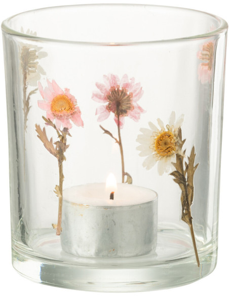 Photophore Campagne chic D 9 cm Verre Transparent Motif fleurs Peggy 