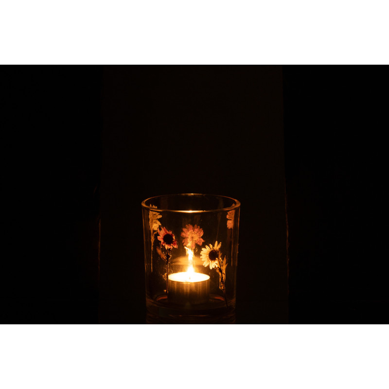 Photophore Campagne chic D 9 cm Verre Transparent Motif fleurs Peggy 