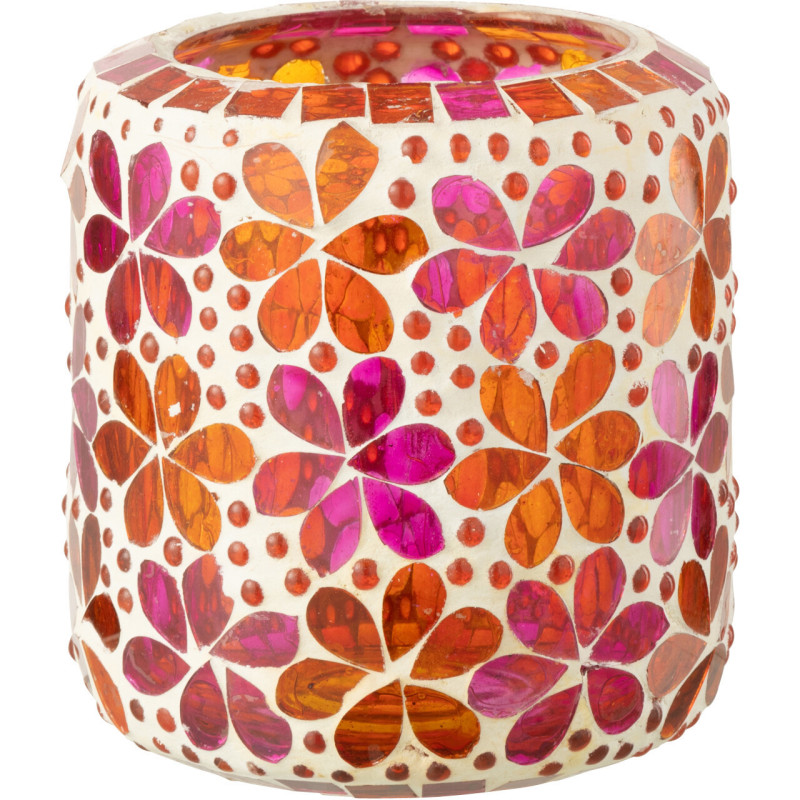 Photophore bohème pop seventies D 10 cm Verre Rose foncé Orange Mosaïque Motif fleurs Floralyth 