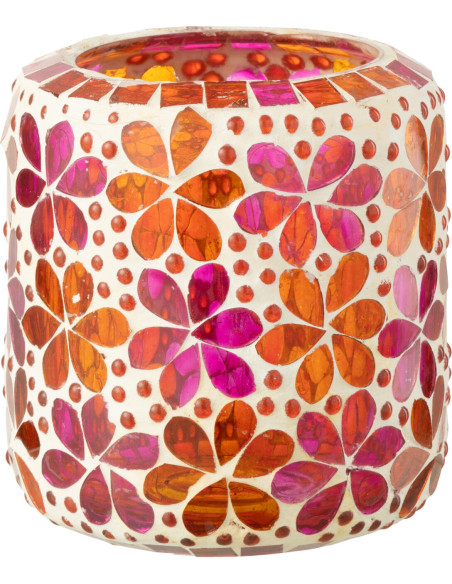 Photophore bohème pop seventies D 10 cm Verre Rose foncé Orange Mosaïque Motif fleurs Floralyth 