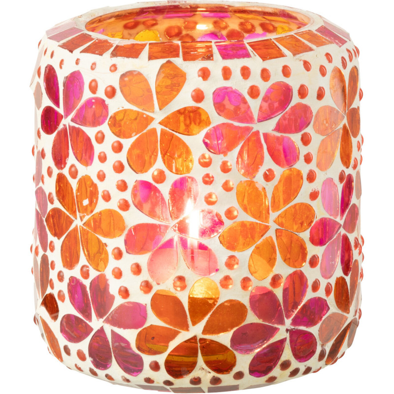 Photophore bohème pop seventies D 10 cm Verre Rose foncé Orange Mosaïque Motif fleurs Floralyth 