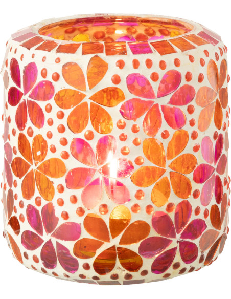 Photophore bohème pop seventies D 10 cm Verre Rose foncé Orange Mosaïque Motif fleurs Floralyth 