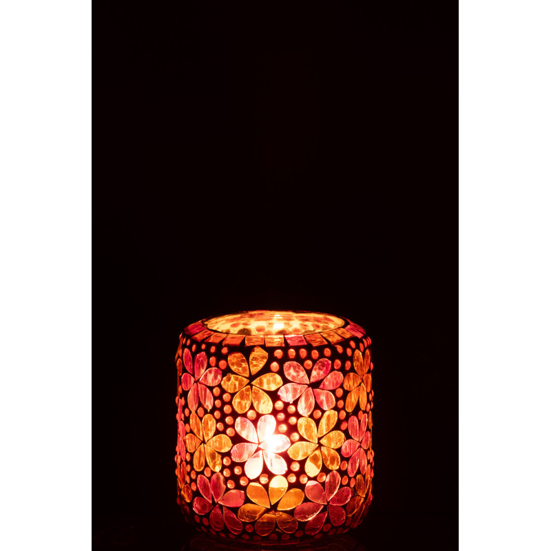 Photophore bohème pop seventies D 10 cm Verre Rose foncé Orange Mosaïque Motif fleurs Floralyth 