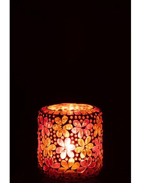 Photophore bohème pop seventies D 10 cm Verre Rose foncé Orange Mosaïque Motif fleurs Floralyth 