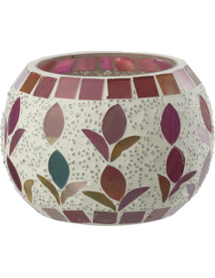 Photophore bohème D 9 cm Verre Blanc cassé Rose fuchsia Mosaïque Motif fleurs Nolika 