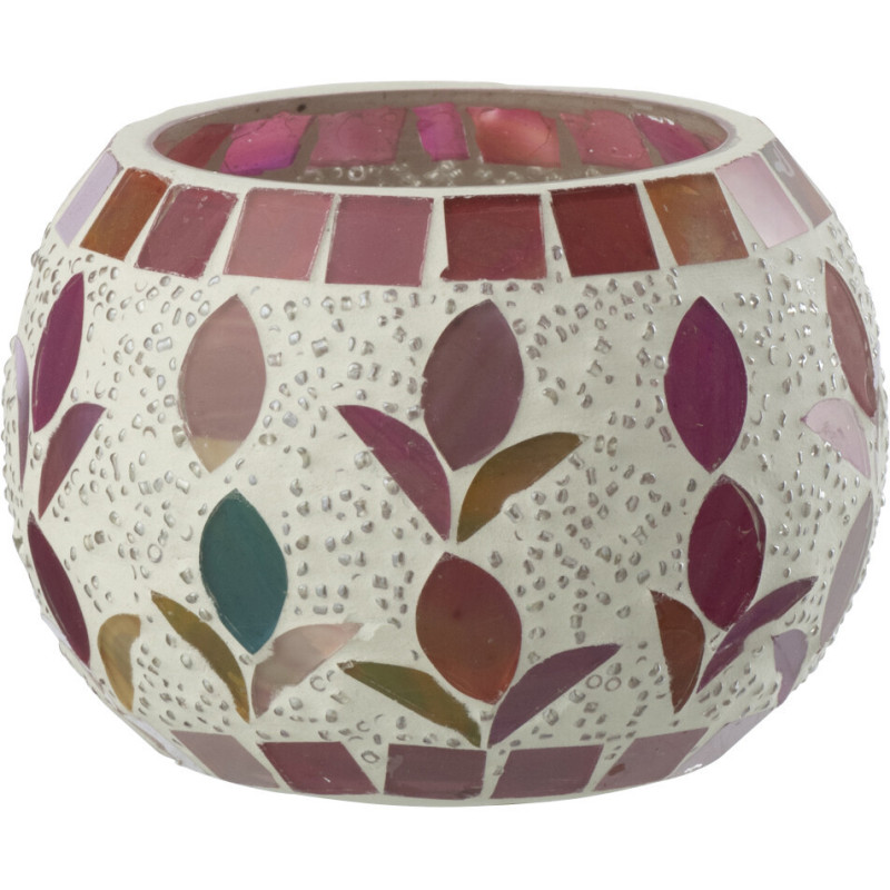 Photophore bohème D 9 cm Verre Blanc cassé Rose fuchsia Mosaïque Motif fleurs Nolika 