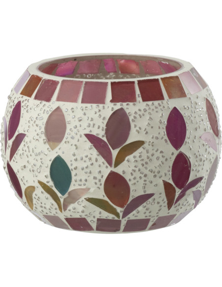 Photophore bohème D 9 cm Verre Blanc cassé Rose fuchsia Mosaïque Motif fleurs Nolika 