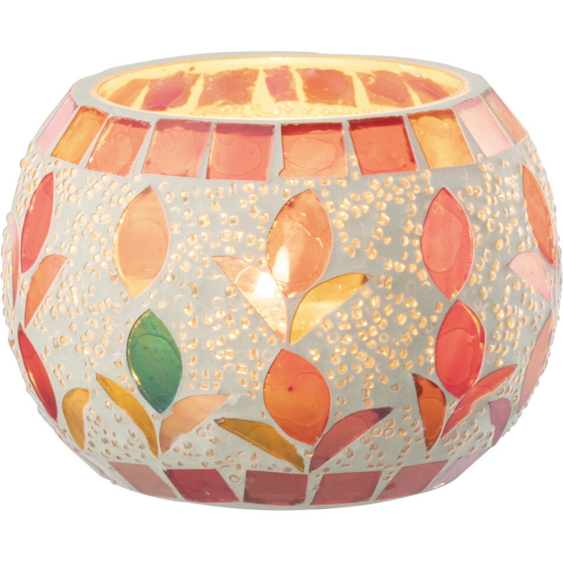 Photophore bohème D 9 cm Verre Blanc cassé Rose fuchsia Mosaïque Motif fleurs Nolika 