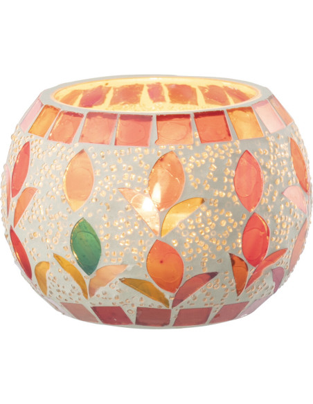 Photophore bohème D 9 cm Verre Blanc cassé Rose fuchsia Mosaïque Motif fleurs Nolika 