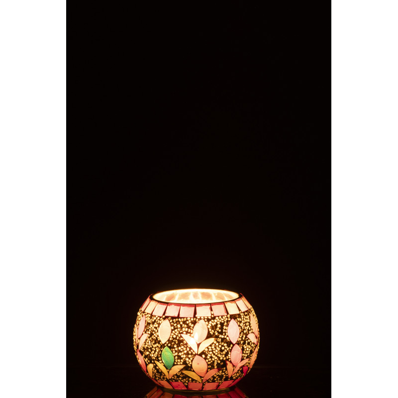 Photophore bohème D 9 cm Verre Blanc cassé Rose fuchsia Mosaïque Motif fleurs Nolika 