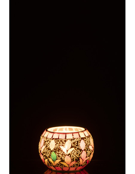 Photophore bohème D 9 cm Verre Blanc cassé Rose fuchsia Mosaïque Motif fleurs Nolika 