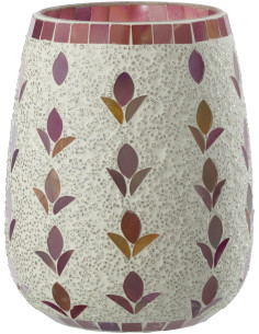 Photophore bohème D 12 cm Verre Blanc cassé Rose fuchsia Mosaïque Motif fleurs Nolika 