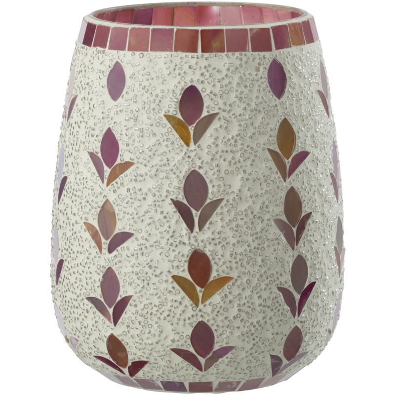 Photophore bohème D 12 cm Verre Blanc cassé Rose fuchsia Mosaïque Motif fleurs Nolika 