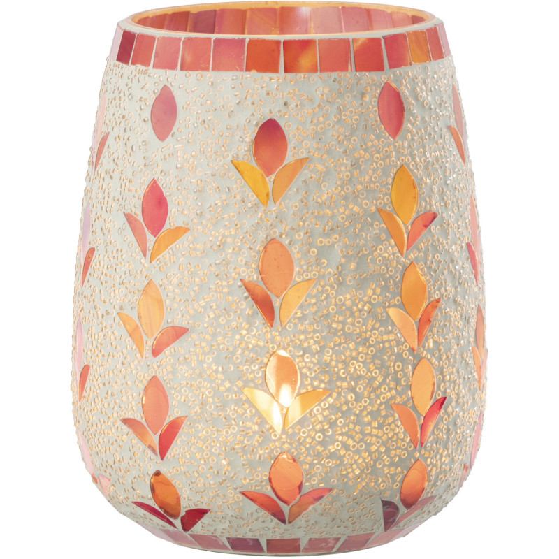 Photophore bohème D 12 cm Verre Blanc cassé Rose fuchsia Mosaïque Motif fleurs Nolika 