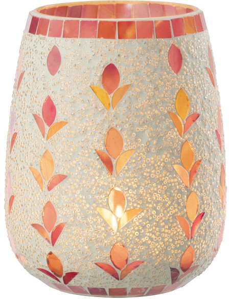 Photophore bohème D 12 cm Verre Blanc cassé Rose fuchsia Mosaïque Motif fleurs Nolika 