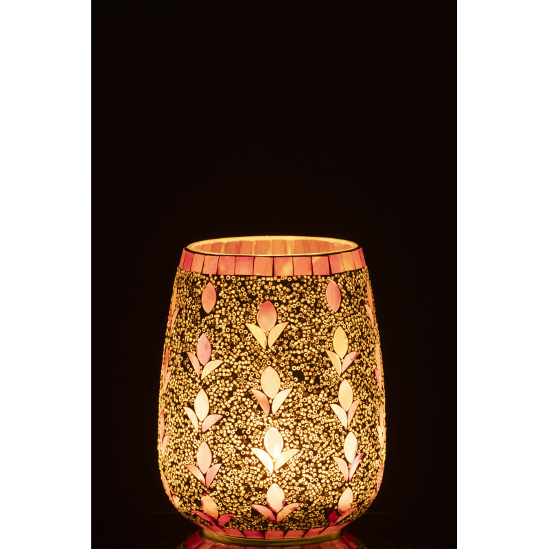 Photophore bohème D 12 cm Verre Blanc cassé Rose fuchsia Mosaïque Motif fleurs Nolika 