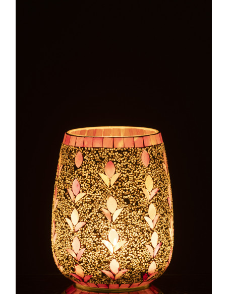 Photophore bohème D 12 cm Verre Blanc cassé Rose fuchsia Mosaïque Motif fleurs Nolika 