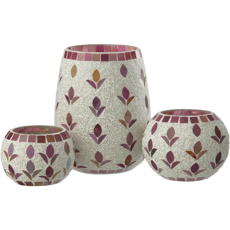 Photophore bohème D 12 cm Verre Blanc cassé Rose fuchsia Mosaïque Motif fleurs Nolika 