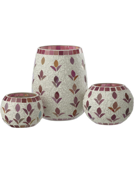 Photophore bohème D 12 cm Verre Blanc cassé Rose fuchsia Mosaïque Motif fleurs Nolika 