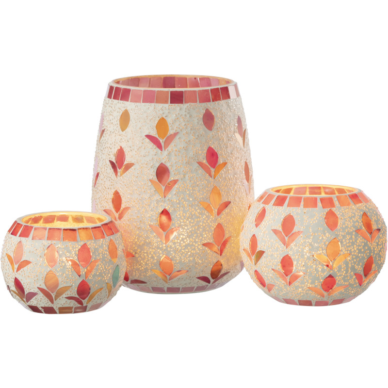 Photophore bohème D 12 cm Verre Blanc cassé Rose fuchsia Mosaïque Motif fleurs Nolika 