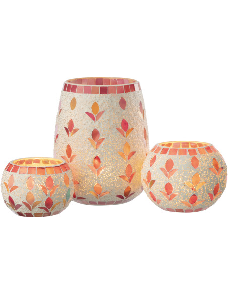 Photophore bohème D 12 cm Verre Blanc cassé Rose fuchsia Mosaïque Motif fleurs Nolika 